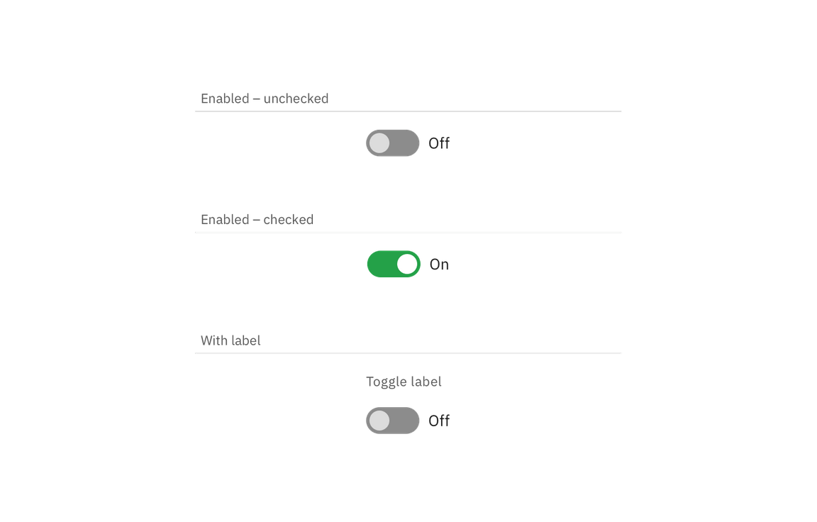 Inactive, inactive hover, and active states for a toggle